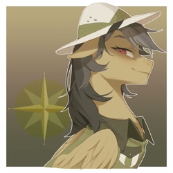 Size: 2480x2480 | Tagged: safe, artist:qi55413072, daring do, pegasus, pony, g4, aside glance, brown background, bust, clothes, collared shirt, cutie mark background, explorer outfit, female, gradient background, hat, looking at you, mare, out of frame, outline, passepartout, portrait, shirt, simple background, solo, white outline