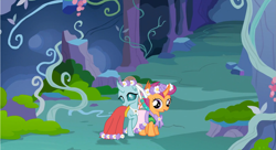 Size: 1599x872 | Tagged: artist needed, safe, anonymous artist, artist:arkogon, artist:dragoncoton, ocellus, scootaloo, changeling, changelingified, clothes, crack shipping, cute, cutealoo, diaocelles, dress, duo, female, floral head wreath, flower, flower girl, flower girl dress, lesbian, looking at each other, looking at someone, pre changedling ocellus, scootaloo also dresses in style, ship:scootllus, shipping, smiling, smiling at each other, species swap