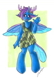 Size: 800x1153 | Tagged: safe, oc, changedling, changeling, anthro, unguligrade anthro, anthro oc, antlers, blue changeling, blushing, changedling oc, changeling oc, changeling wings, clothes, fangs, laurel wreath, looking at you, purple changeling, purple eyes, purple mane, shell, shy, smiling, sparkles, sparkly wings, toga, waving, waving at you, wings