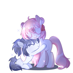 Size: 2048x2048 | Tagged: safe, artist:shichizhaola, earth pony, pony, ahoge, anime, bangs, base used, blank flank, colored eyelashes, description in comments, duo, duo female, eyelashes, eyes closed, female, filly, foal, hair bun, hair ribbon, happy sugar life, hug, lavender coat, pink coat, pink eyelashes, pink mane, pink tail, ponified, purple coat, purple mane, purple tail, ribbon, satou matsuzaka, shiny mane, shiny tail, shio kōbe, signature, simple background, sitting, solo, sparkles, tail, teenager, transparent background