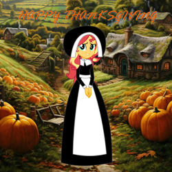 Size: 4024x4024 | Tagged: safe, artist:cartoonmasterv3, sunset shimmer, human, equestria girls, g4, clothes, dress, gown, holiday, long dress, long skirt, outdoors, pilgrim outfit, skirt, solo, thanksgiving, thanksgiving 2024