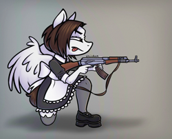 Size: 1583x1281 | Tagged: safe, artist:erichkaofficial, oc, oc only, pegasus, anthro, plantigrade anthro, ak-47, assault rifle, clothes, gun, maid, rifle, solo, weapon