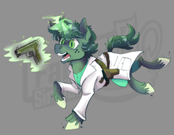 Size: 1873x1463 | Tagged: safe, artist:hallowraith, oc, oc only, oc:stitches (sireland), unicorn, fallout equestria, fallout equestria oc, fallout equestria: sireland, freckles, green fur, green mane, gun, handgun, holster, horn, medic, pistol, solo, unicorn oc, weapon