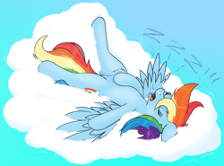 Size: 2520x1869 | Tagged: safe, artist:eels, rainbow dash, pegasus, pony, g4, belly, cloud, drool, drool on face, drool string, female, hoof on belly, mare, on a cloud, open mouth, scratching, sleeping, sleeping on a cloud, solo