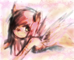 Size: 1200x986 | Tagged: safe, artist:ieatedyuripizza, fluttershy, pegasus, anthro, g4, arm scar, crying, female, pink hair, scar, smiling, solo, wings