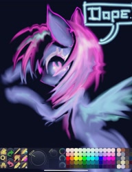 Size: 1640x2135 | Tagged: safe, artist:ieatedyuripizza, oc, oc only, pegasus, pony, art program in frame, pegasus oc, pink mane, purple coat, solo, wings