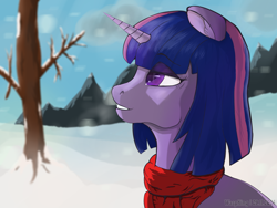 Size: 2400x1800 | Tagged: safe, artist:waspking, twilight sparkle, pony, unicorn, g4, bobcut, clothes, cloud, horn, mountain, mountain range, scarf, scenery, short hair, smiling, smirk, snow, solo, tree