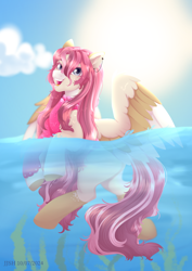 Size: 2480x3508 | Tagged: safe, alternate version, artist:jjsh, oc, oc only, pegasus, pony, beautiful, blurry background, cloud, cute, cute face, ear piercing, female, fluffy mane, happy, high res, lineless, looking at you, mare, ocean, open mouth, outdoors, partially submerged, piercing, seaweed, sky, smiling, smiling at you, solo, spread wings, summer, sun, swimming, tail, teeth, underwater, water, wing fluff, wings