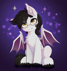 Size: 3932x4182 | Tagged: safe, alternate version, artist:empress-twilight, oc, oc only, oc:jolting madness, bat pony, pony, bat pony oc, bat wings, black mane, black tail, cheek fluff, chest fluff, claws, colored hooves, colored wings, commission, ear fluff, ear tufts, eye clipping through hair, eyebrows, eyebrows visible through hair, fangs, glasses, gradient eyes, gradient wings, hooves, leg fluff, looking at you, male, shiny eyes, sitting, slit pupils, smiling, smiling at you, solo, sparkles, spread wings, stallion, tail, tail wrap, tied tail, unshorn fetlocks, white coat, wing claws, wings, ych result