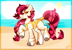 Size: 2000x1396 | Tagged: safe, artist:ezzerie, oc, oc only, oc:deja vu, pony, zebra, beach, clothes, gold, jewelry, ocean, outdoors, smiling, smirk, solo, swimsuit, water, zebra oc