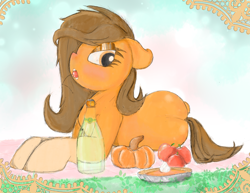 Size: 3300x2550 | Tagged: safe, artist:gean, oc, oc:gean, earth pony, pony, alcohol, apple, bedroom eyes, champagne, cherry, food, foodplay, holiday, outdoors, pencil drawing, pie, pumpkin, solo, thanksgiving, traditional art, wine