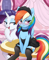 Size: 2944x3586 | Tagged: safe, ai composition, ai content, derpibooru exclusive, prompter:local sugar provider, rainbow dash, rarity, pegasus, pony, unicorn, g4, adorasexy, and then there's rarity, bedroom eyes, blushing, bow, carousel boutique, choker, clothes, cute, dashabetes, dress, dressing, dressup, duo, duo female, embarrassed, enjoying, female, frilly dress, frilly socks, frown, funny, giggling, grumpy, headdress, high res, horn, humiliation, indoors, interactive, legwear, lingerie, link in description, looking at someone, looking away, lost bet, maid, maid headdress, mare, nightgown, playful, rainbow dash always dresses in style, rainbow dash is not amused, rainbow maid, rarity being rarity, scrunchy face, sexy, sitting, skirt, smiling, smiling at someone, socks, stockings, stool, story in the source, table, tail, tail bow, teasing, thigh highs, tsunderainbow, tsundere, unamused, varying degrees of amusement, wings