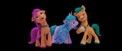 Size: 2215x928 | Tagged: safe, hitch trailblazer, izzy moonbow, sunny starscout, earth pony, pony, unicorn, g5, my little pony: a new generation, official, black background, female, horn, male, mare, simple background, stallion, trio