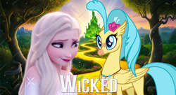 Size: 1408x768 | Tagged: safe, artist:threehorngotham2004, princess skystar, g4, elsa, frozen (movie), idina menzel, kristin chenoweth, poster parody, voice actor joke, wicked (movie), wicked (musical)