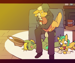 Size: 7125x5917 | Tagged: safe, anonymous artist, applejack, oc, oc:anon, human, pony, applebetes, cuddling, cute, daaaaaaaaaaaw, family, human on pony petting, human on pony snuggling, interspecies offspring, offspring, older, older applejack, parent:applejack, parent:oc:anon, petting, snuggling, wholesome