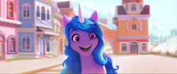 Size: 2946x1235 | Tagged: safe, izzy moonbow, pony, unicorn, g5, my little pony: a new generation, official, concept art, female, hi new friend, horn, looking at you, mare, maretime bay, open mouth, open smile, outdoors, smiling, smiling at you, solo