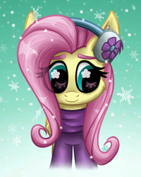 Size: 2000x2500 | Tagged: safe, artist:sunamoonmlp, derpibooru exclusive, fluttershy, pegasus, pony, g4, clothes, cute, female, mare, scarf, smiling, snow, snowflake, solo, winter, winter outfit