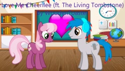 Size: 1280x720 | Tagged: safe, artist:user15432, artist:woodentoaster, cheerilee, oc, oc:the living tombstone, earth pony, pony, love me cheerilee, g4, book, bookshelf, chair, chalkboard, classroom, clock, globe, headphones, heart, looking at each other, looking at someone, smiling, smiling at each other, table