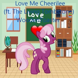 Size: 900x900 | Tagged: safe, artist:user15432, artist:woodentoaster, cheerilee, earth pony, pony, love me cheerilee, g4, album, album cover, book, chair, chalkboard, classroom, globe, heart, lamp, open mouth, open smile, paper, shelf, smiling, table, window