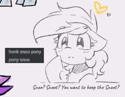 Size: 974x760 | Tagged: safe, artist:morningbullet, oc, oc only, oc:noot, earth pony, pony, boop request, bust, eyebrows, eyebrows visible through hair, female, frown, gray background, mare, simple background, sketch, solo, text