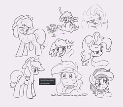 Size: 703x611 | Tagged: safe, artist:morningbullet, applejack, fluttershy, pinkie pie, oc, oc:noot, earth pony, pegasus, pony, g4, blunt, boop request, bust, female, flutterhigh, gratuitous spanish, gray background, grayscale, high, hola, hoof hold, lidded eyes, mare, monochrome, partial color, sign, simple background, sketch, sketch dump, text, tiny, tiny ponies