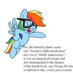 Size: 900x900 | Tagged: safe, artist:unitxxvii, rainbow dash, pegasus, pony, g4, bucktooth, dialogue, female, flying, glasses, hoof on hip, mare, nerd, open mouth, simple background, solo, white background