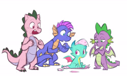 Size: 5315x3171 | Tagged: safe, artist:chub-wub, master kenbroath gilspotten heathspike, sparky sparkeroni, spike, spike (g1), dragon, g1, g3, g4, g5, absurd resolution, baby, baby dragon, crossed arms, dragon wings, duality, egg, generation leap, group, male, open mouth, open smile, quartet, simple background, sitting, smiling, spread wings, white background, winged spike, wings