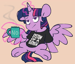 Size: 3707x3209 | Tagged: safe, artist:chub-wub, twilight sparkle, alicorn, pony, g4, clothes, female, glowing, glowing horn, horn, levitation, magic, magic aura, mare, mug, no, shirt, sitting, solo, spread wings, system of a down, t-shirt, telekinesis, twilight sparkle (alicorn), twilight sparkle is not amused, unamused, wings