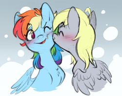 Size: 2935x2316 | Tagged: safe, artist:chub-wub, derpy hooves, rainbow dash, pegasus, pony, g4, blushing, cheek kiss, chest fluff, cute, cute little fangs, dashabetes, derpabetes, duo, duo female, eyes closed, fangs, female, kissing, lesbian, mare, one eye closed, ship:derpydash, shipping, wings, wink