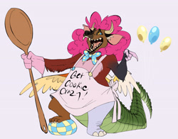 Size: 5976x4681 | Tagged: safe, artist:chub-wub, part of a set, pinkie pie, draconequus, g4, apron, ball, balloon, big ears, blue eyes, bowtie, claws, clothes, colored, colored ear fluff, colored pinnae, colored sclera, curly hair, draconequified, ear fluff, ear tufts, eyelashes, female, flat colors, floppy ears, holding, horns, mismatched legs, mismatched wings, open mouth, open smile, oven mitts, pink hair, pinkonequus, raised arms, sharp teeth, smiling, solo, species swap, spoon, spread wings, standing, teeth, tongue out, wings, wings down, wooden spoon, xk-class end-of-the-world scenario, yellow sclera