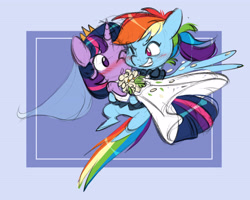 Size: 4809x3841 | Tagged: safe, artist:chub-wub, rainbow dash, twilight sparkle, alicorn, pegasus, pony, g4, alternate hairstyle, blushing, bowtie, bridal carry, carrying, clothes, coat, crown, cute, dashabetes, dress, duo, duo female, eye contact, female, flower, grin, horn, jewelry, lesbian, lesbian wedding, looking at each other, looking at someone, mare, marriage, one eye closed, ponytail, regalia, ring, ship:twidash, shipping, smiling, tuxedo, twiabetes, twilight sparkle (alicorn), veil, wedding, wedding dress, wedding ring, wedding suit, wedding veil, wings, wink