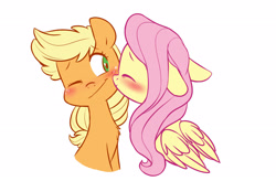 Size: 2273x1495 | Tagged: safe, artist:chub-wub, applejack, fluttershy, earth pony, pegasus, pony, g4, blushing, cheek kiss, cute, duo, duo female, eyes closed, female, floppy ears, folded wings, freckles, jackabetes, kissing, lesbian, mare, one eye closed, ship:appleshy, shipping, shyabetes, simple background, white background, wings, wink