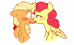 Size: 2273x1395 | Tagged: safe, artist:chub-wub, applejack, strawberry sunrise, earth pony, pegasus, pony, g4, apple, apple slice, bedroom eyes, blushing, boop, cute, duo, duo female, eye contact, female, flustered, folded wings, food, freckles, jackabetes, lesbian, looking at each other, looking at someone, mare, noseboop, pinpoint eyes, sharing food, ship:applerise, shipping, simple background, strawwberry sunrise, white background, wings