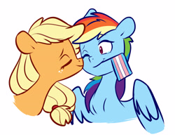 Size: 3714x2898 | Tagged: safe, artist:chub-wub, applejack, rainbow dash, earth pony, pegasus, pony, g4, cheek kiss, crying, cute, dashabetes, duo, duo female, eyes closed, female, freckles, jackabetes, kissing, lesbian, mare, mouth hold, one eye closed, partially open wings, pride, pride flag, ship:appledash, shipping, simple background, smiling, tears of joy, trans female, trans rainbow dash, transgender, transgender pride flag, white background, wings, wink