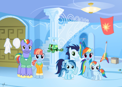 Size: 1280x910 | Tagged: safe, artist:sainaro-mun-magic, bow hothoof, rainbow dash, soarin', tank, windy whistles, oc, oc:ragtag, oc:shooting star, pegasus, pony, g4, female, filly, foal, male, mare, offspring, parent:rainbow dash, parent:soarin', parents:soarindash, ship:soarindash, shipping, stallion, straight