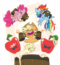 Size: 3930x4237 | Tagged: safe, artist:chub-wub, applejack, pinkie pie, rainbow dash, earth pony, pegasus, pony, g4, absurd resolution, apple, applejack's hat, barrel, bowtie, chibi, cider, cider mug, cowboy hat, cute, dashabetes, diapinkes, drink, drinking, eyes closed, female, food, freckles, hat, jackabetes, mare, mug, open mouth, ponytober, simple background, trio, white background, wings