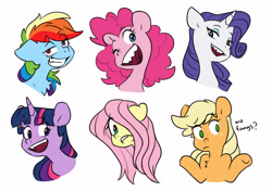 Size: 5312x3748 | Tagged: safe, artist:chub-wub, applejack, fluttershy, pinkie pie, rainbow dash, rarity, twilight sparkle, earth pony, pegasus, pony, unicorn, g4, chest fluff, confused, cute, cute little fangs, eyebrows, eyebrows visible through hair, eyeshadow, fangs, female, floppy ears, freckles, grin, gritted teeth, group, hair over one eye, hiding behind mane, horn, lidded eyes, looking at you, makeup, mane six, mare, one of these things is not like the others, open mouth, open smile, sextet, sharp teeth, shrug, simple background, smiling, teeth, white background