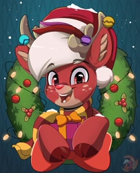 Size: 1625x2000 | Tagged: safe, artist:joaothejohn, artist:tomatopony, deer, pony, reindeer, antlers, christmas, christmas lights, christmas wreath, clothes, cute, ear fluff, freckles, gradient background, hat, holding, holiday, hooves, horn, looking at you, multicolored hair, muzzle, open mouth, patterned background, present, santa hat, scarf, smiling, snow, solo, wreath