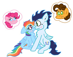 Size: 750x579 | Tagged: safe, artist:snoopy7c7, cheese sandwich, pinkie pie, rainbow dash, soarin', earth pony, pegasus, pony, female, male, mare, ship:cheesepie, ship:soarindash, shipper on deck, shipping, stallion, straight