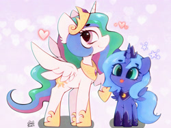 Size: 4000x3000 | Tagged: safe, artist:zokkili, princess celestia, princess luna, alicorn, pony, g4, :p, crown, cute, cutelestia, duo, duo female, eyebrows, eyebrows visible through hair, female, heart, high res, hoof shoes, horn, jewelry, lunabetes, mare, peytral, princess shoes, profile, raised hoof, regalia, royal sisters, siblings, side view, signature, sisters, smiling, spread wings, tongue out, wings