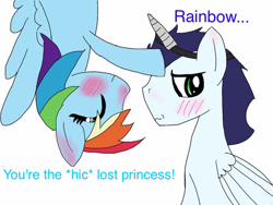 Size: 749x562 | Tagged: safe, artist:melovedogs123, rainbow dash, soarin', pegasus, pony, fanfic:piercing the heavens, drunk, drunker dash, duo, fake alicorn, fake horn, female, male, mare, ship:soarindash, shipping, simple background, stallion, straight, white background