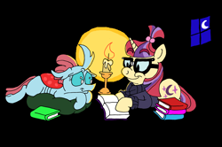 Size: 3322x2210 | Tagged: safe, artist:dragonboi471, moondancer, ocellus, changedling, changeling, pony, unicorn, g4, book, candle, clothes, cushion, cute, dancerbetes, diaocelles, duo, female, glasses, horn, lying down, mare, night, prone, smiling, sweater