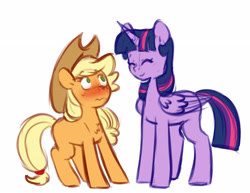 Size: 5256x4052 | Tagged: safe, artist:chub-wub, applejack, twilight sparkle, alicorn, earth pony, pony, g4, applejack's hat, blushing, cowboy hat, duo, duo female, eyes closed, female, folded wings, hat, height difference, horn, lesbian, mare, missing cutie mark, ship:twijack, shipping, simple background, size difference, smiling, twilight sparkle (alicorn), white background, wings