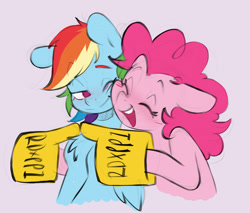 Size: 2524x2146 | Tagged: safe, artist:chub-wub, pinkie pie, rainbow dash, earth pony, pegasus, pony, g4, blushing, chest fluff, cute, dashabetes, diapinkes, duo, duo female, eyes closed, female, foam finger, hug, lesbian, mare, one eye closed, open mouth, open smile, pink background, ship:pinkiedash, shipping, simple background, smiling, wink