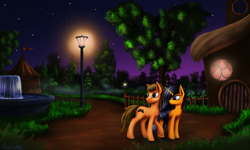 Size: 5000x3000 | Tagged: safe, artist:pony-stark, oc, oc only, earth pony, pony, unicorn, duo, fountain, horn, lamppost, outdoors, scenery, tree, twilight (astronomy)