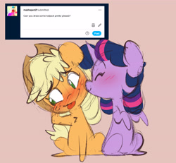 Size: 4382x4041 | Tagged: safe, artist:chub-wub, applejack, twilight sparkle, alicorn, earth pony, pony, g4, :p, absurd resolution, applejack's hat, ask, blushing, cheek kiss, chibi, cowboy hat, cute, duo, duo female, eyes closed, female, flustered, hat, horn, jackabetes, kissing, lesbian, mare, ship:twijack, shipping, sitting, tongue out, tumblr, twiabetes, twilight sparkle (alicorn)