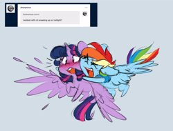 Size: 5276x4005 | Tagged: safe, artist:chub-wub, rainbow dash, twilight sparkle, alicorn, pegasus, pony, g4, absurd resolution, ask, blue background, blushing, chibi, cute, dashabetes, duo, duo female, female, flying, horn, hug, lesbian, mare, open mouth, ship:twidash, shipping, simple background, spread wings, surprised, tumblr, twiabetes, twilight sparkle (alicorn), wings