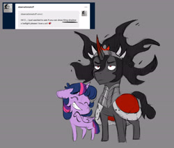 Size: 4573x3873 | Tagged: safe, artist:chub-wub, king sombra, twilight sparkle, alicorn, pony, unicorn, g4, absurd resolution, alternate hairstyle, armor, ask, blushing, chibi, cloak, clothes, crown, cute, duo, duo male and female, eyes closed, female, folded wings, gray background, grin, horn, jewelry, male, mare, raised hoof, regalia, ship:twibra, shipping, simple background, smiling, sombradorable, stallion, straight, tumblr, twiabetes, twilight sparkle (alicorn), wings