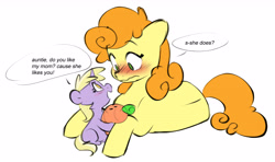 Size: 5156x3059 | Tagged: safe, artist:chub-wub, carrot top, dinky hooves, golden harvest, earth pony, pony, unicorn, g4, blank flank, blushing, carrot, cute, dialogue, duo, female, filly, flustered, foal, food, horn, implied derpy, implied derpytop, implied lesbian, implied shipping, lying down, mare, open mouth, plushie, prone, simple background, sitting, speech bubble, white background