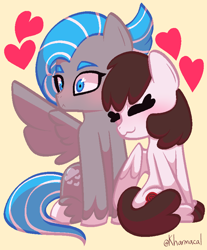 Size: 696x840 | Tagged: safe, artist:kharmacal, oc, oc only, oc:chocolate heart, oc:cloudy kisses, pegasus, pony, :3, :<, colored lineart, duo, female, heart, lesbian, shading, two toned hair, unshorn fetlocks, younger